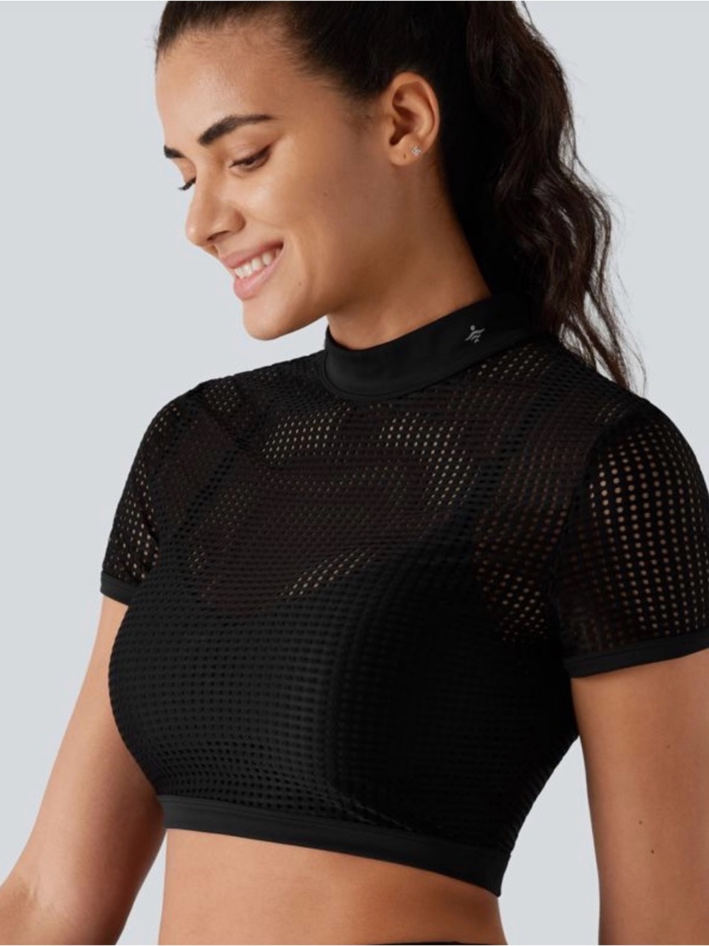 Black Mesh Short-Sleeve Crop Top - Unbranded